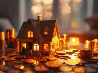 miniature model house surrounded by stacks of coins and currency symbolizing real estate investment soft warm lighting creates a cozy atmosphere of financial security and home ownership
