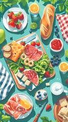 A vibrant picnic spread with fresh fruits, cheeses, meats, and breads on a green background, perfect for a summer outdoor meal.