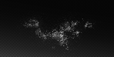 Luminous bokeh, softly shimmering with white light. Light abstract glowing lights. Glowing bokeh effect isolated on dark background. Christmas background made of glowing dust.	