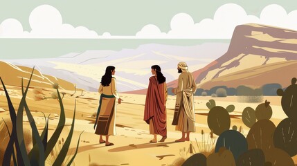 Genesis : Jacob Flees Laban , Biblical Illustration of Jacob Discussing Departure with Rachel and Leah, Genesis Story, Beige Background, Copyspace