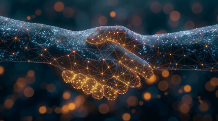 Humandroid handshake on digital background with glowing connections and bokeh lights, technology network concept