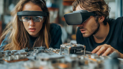 Individuals wearing augmented reality glasses in a design studio, overlaying digital elements onto a physical model, sleek modern high-tech feel