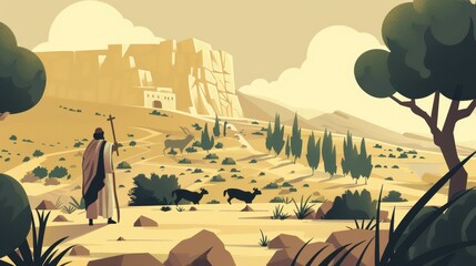 Genesis : Abraham and Abimelech , Biblical Illustration of Abraham’s Prosperity in Abimelech’s Land, Genesis, Beige Background, Copyspace