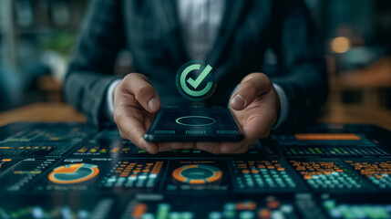 A person in business attire holding a smartphone with a green check mark, representing financial approval, surrounded by financial charts