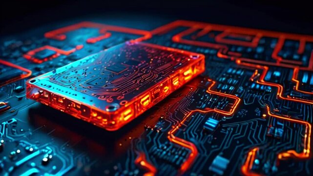 A glowing blue and red computer chip on a circuit board with red and blue lines.