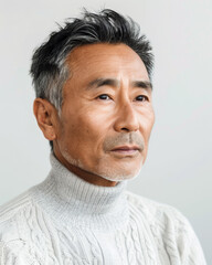 Obraz premium A mature Korean man with a serene expression, showing the effectiveness of anti-aging skincare treatments