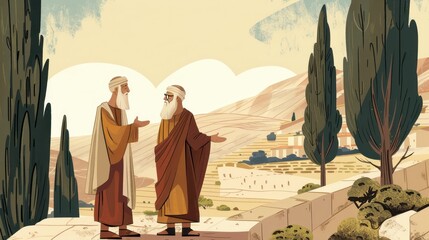 Genesis : Abraham and Abimelech , Biblical Illustration of Abraham Praying for Abimelech’s Household, Genesis Narrative, Beige Background, Copyspace