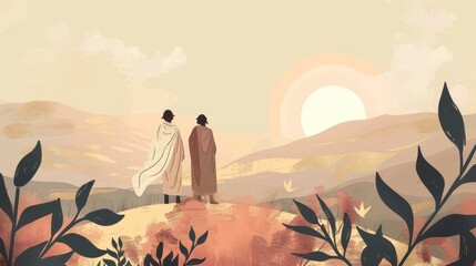 Genesis : God’s Covenant With Abram , Biblical Illustration of Abram’s Faith in God’s Promise, Genesis, Beige Background, Copyspace