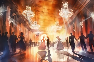 Elegant ballroom dance with couples in formal attire amidst chandeliers and golden light. Dance event, sophistication, elegance concept