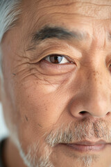A 50-year-old Korean man undergoing a facial skin lifting treatment in a clinic, close-up of his face with visible smooth skin