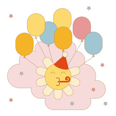 Cute postcard of cheerful daisy smiley in a cap with balloons. Birthday. Vector illustration for decoration, postcards, posters, flyers, banners, textiles.