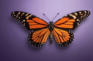 Fototapeta premium Orange monarch butterfly with open wings against vibrant purple background