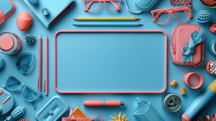 A flat lay of school supplies on a pastel blue background, illustrating a back to school concept. Generative AI.
