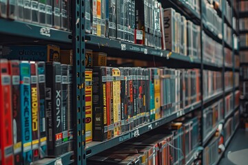 Organized Rows of VHS Tapes in a Vintage Video Store