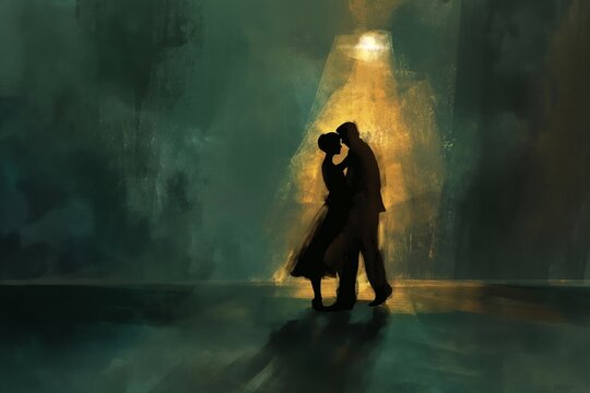 Romantic silhouette of a couple dancing in a dimly lit room, illuminated by a spotlight romantic love concept