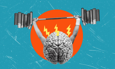 Modern art collage depicting a brain lifting a barbell with books on a blue background.