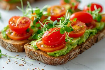 Close-Up of Two Slices of Avocado Toast With Cherry Tomatoes and Microgreens