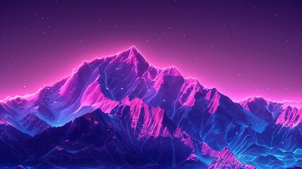 A beautiful landscape of a mountain range at night. The mountains are illuminated by a pink and blue light, which gives them a surreal and otherworldly appearance.