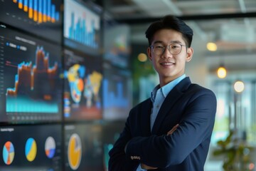 Confident Young Asian Businessman with Data Analytics Charts - Data Driven Success Concept