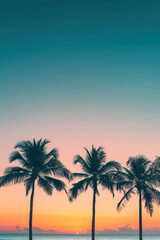 Obraz premium Beautiful sunset over the ocean with tall palm trees silhouetted against a vibrant sky, capturing the serene beauty of a tropical paradise.