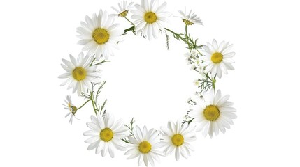 Obraz premium Daisy and chamomile flowers on circular wreath with empty center Floral summer theme from top view