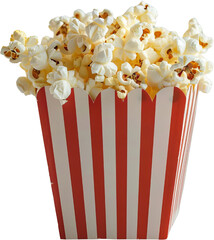 A close-up of a red and white striped popcorn box filled with fluffy popcorn.