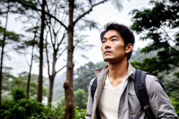 Focused Asian Man Walking in Forest
