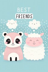 Obraz premium A cute cartoon panda, sheep and cat with thought bubbles above their heads containing the text BEST FRIENDS, The background is light blue with small white dots, friendship day greetings, 30 july, 2024