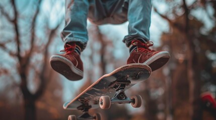 Skateboard Trick, A skateboard midair under a pair of legs, symbolizing balance and skill