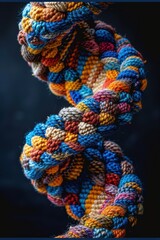 Fototapeta premium A close-up view of a vibrantly colored, intricately braided rope made from various hues of yarn, against a dark background, showcasing the detailed texture and craftsmanship