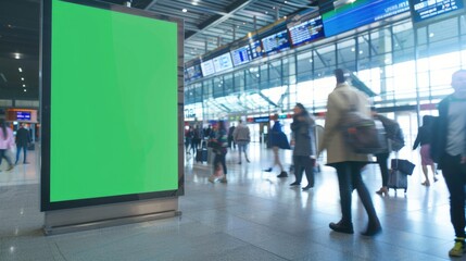 Fototapeta premium Dynamic Vertical Green Screen Billboard Mock-up at Busy Airport Terminal with Rushing Travelers and Flight Information Displays