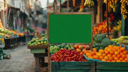 Vibrant Green Screen Billboard Mock-Up in Lively Farmer's Market | Image for Advertising Design
