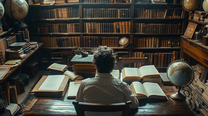 A scholar deeply engaged in studying surrounded by antique books in a historic library, emphasizing knowledge and learning.