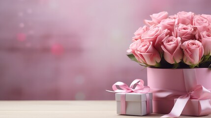 Pink bunch bouquet of roses flowers and gift box with ribbon on table. Birthday, Wedding, Mother's Day, Valentine's day, Women's Day. Front view