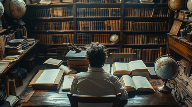 A scholar deeply engaged in studying surrounded by antique books in a historic library, emphasizing knowledge and learning.