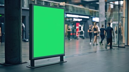 Vertical Green Screen Billboard Mock-up at Contemporary Fitness Center Entrance with People in Workout Attire
