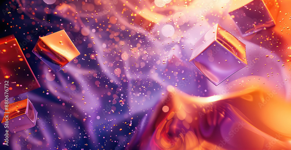 Leinwandbilder Abstract 3D shapes in purples and oranges flying through space. Generative AI.