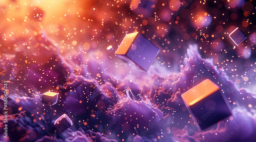 Poster Abstract 3D shapes in purples and oranges flying through space. Generative AI.