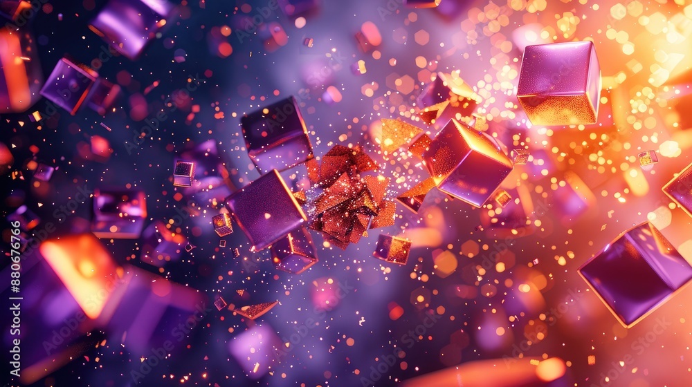 Leinwandbilder abstract 3d shapes in purples and oranges flying through space. generative ai.