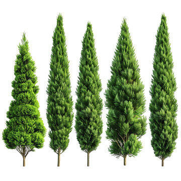 A set of realistic cypress trees isolated on transparent background, png.
