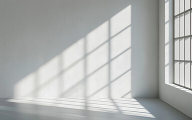 Fototapeta premium Minimalist room with sunlight casting geometric shadows through a large window, creating a peaceful and serene atmosphere on a white wall.