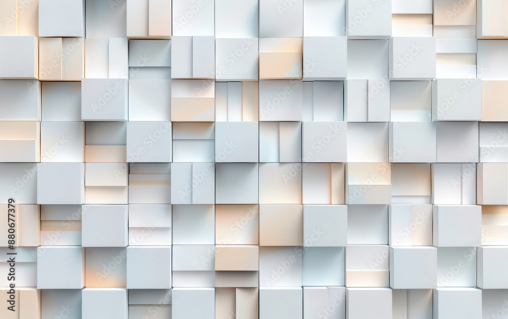 Poster abstract white geometric pattern of cubes with soft shadows and light highlights, creating a modern 