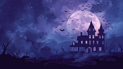 A dark and eerie scene with a large house and a full moon in the background