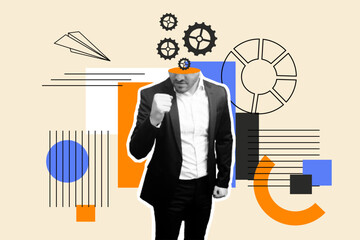 Business man rejoices in victory and leadership. Brainstorm Modern trendy collage in halftone. Business concept. Men work in suits on a computer. Vector. geometric shapes.  Modern elements