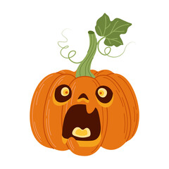 Halloween pumpkin head. Cute and scary halloween pumpkin monster. Holidays cartoon character Hand drawn flat style isolated icon for poster, banner, greeting card. Jack o lantern Vector illustration