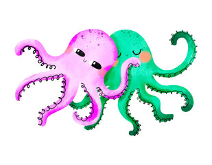 Composition with sea octopuses. Undersea world. Couple of sea fish in love. Happy Valentine's Day card, poster. Hand drawn illustration