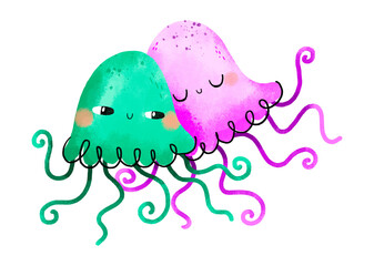 Composition with sea jellyfish. Undersea world. Couple of sea fish in love. Happy Valentine's Day card, poster. Hand drawn illustration