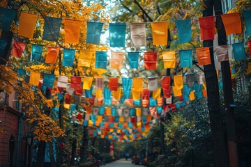Naklejka premium A colorful display of vibrant multi-colored flags hanging across a street under trees with autumn foliage, creating a festive and lively atmosphere in an urban setting