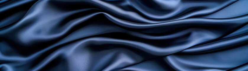 Fototapeta premium Elegant close-up of smooth, dark blue silk fabric creating gentle waves and curves, perfect for backgrounds, textures, and luxury themes.