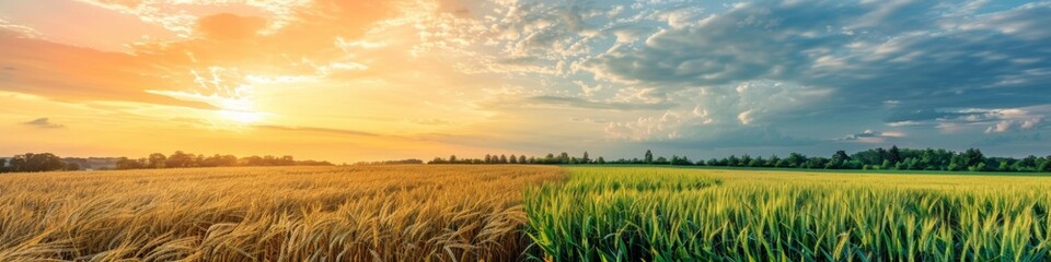 Fototapeta premium Abstract Agricultural Wallpaper with Light Manipulation in Modern Farming: Capturing the Same Field at Sunrise and Sunset to Showcase the Impact of Light on Crops